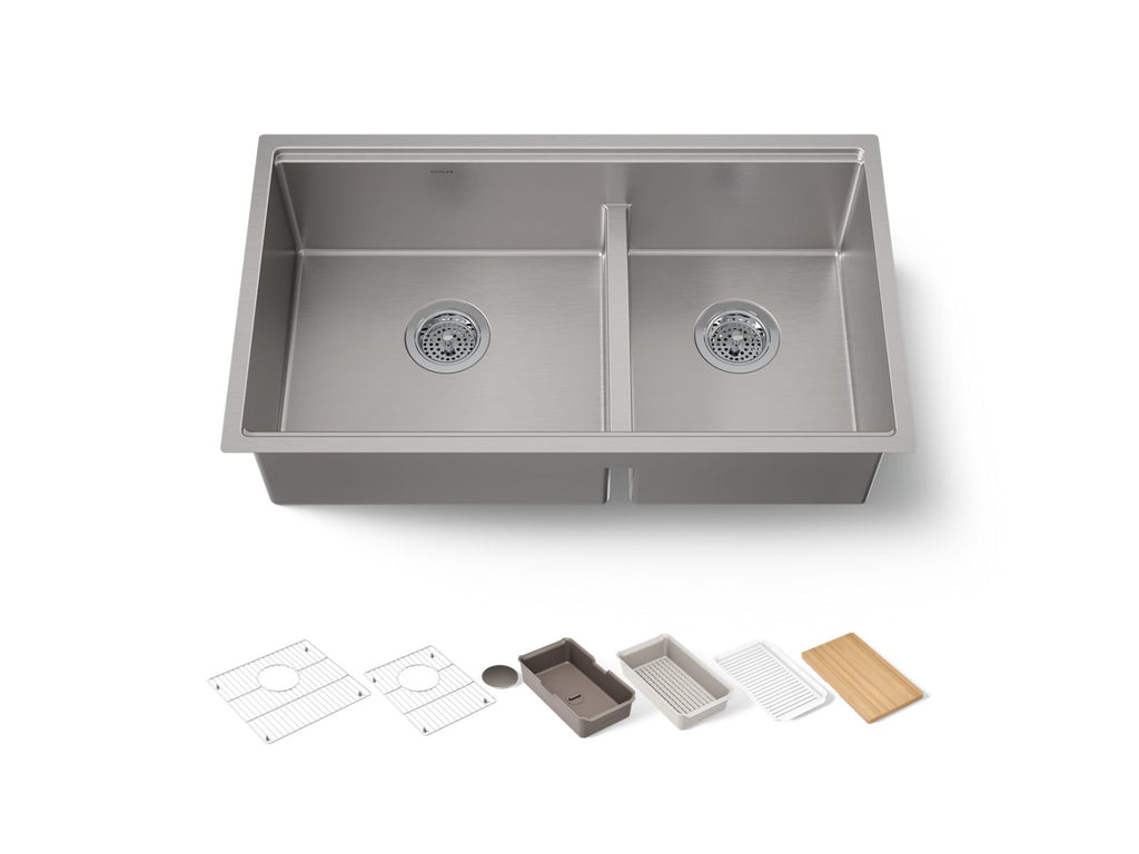 KOHLER K-33664-PC-NA Strive Smart Divide 32" Undermount Double-Bowl Workstation Kitchen Sink - Stainless Steel