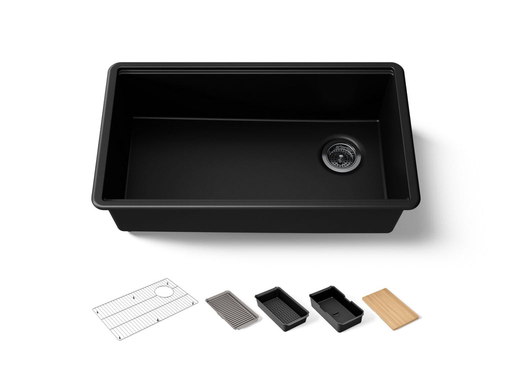 KOHLER K-33710-PC-CM1 Billings 32-1/2" Undermount Single-Bowl Workstation Kitchen Sink - Matte Black
