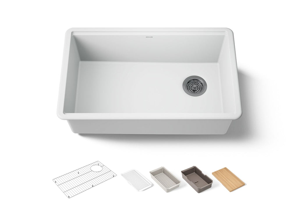KOHLER K-33712-PC-CM6 Billings 29-1/2" Undermount Single-Bowl Workstation Kitchen Sink - Matte White
