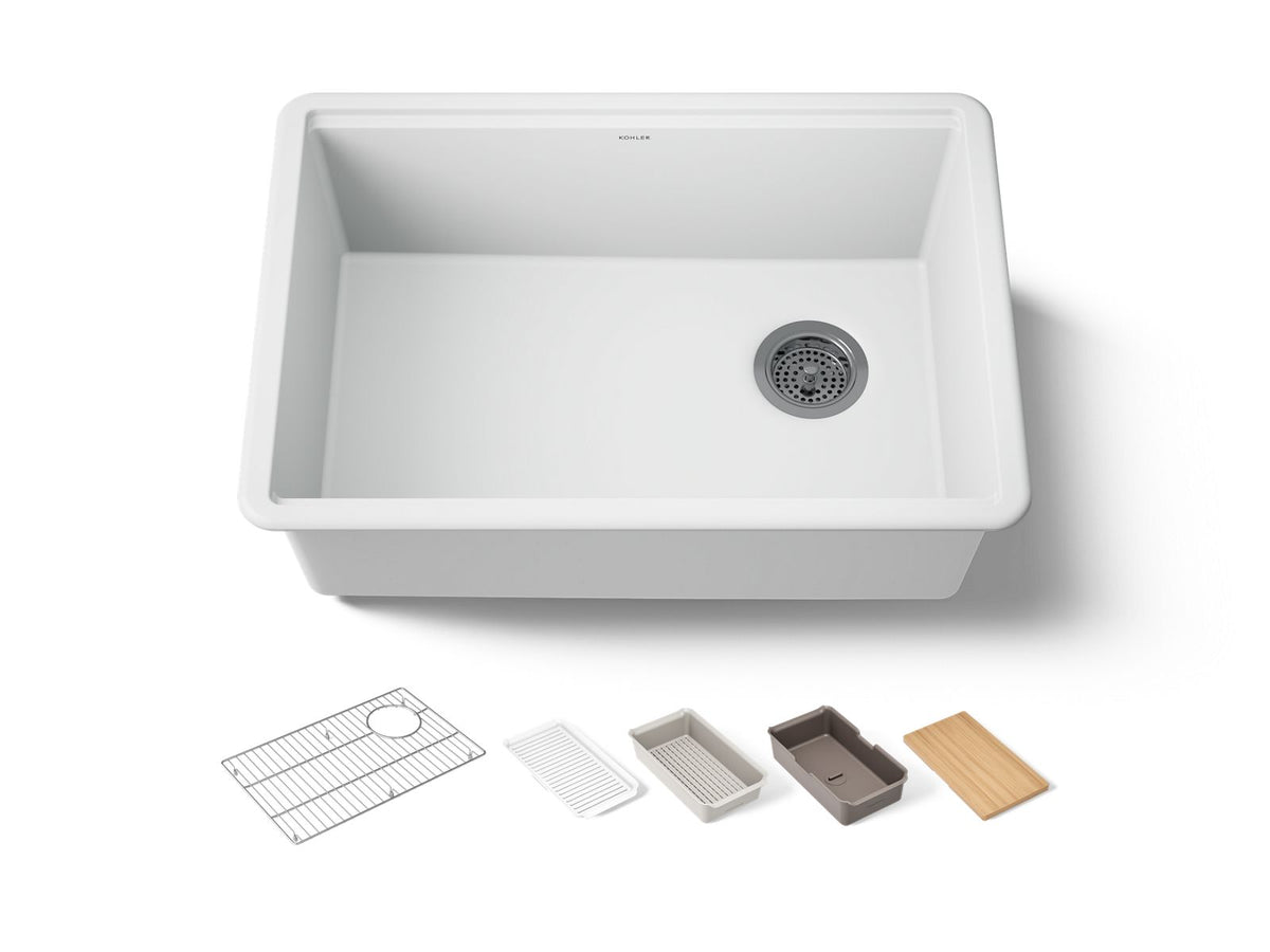 KOHLER K-33713-PC-CM6 Billings 26-1/2" Undermount Single-Bowl Workstation Kitchen Sink - Matte White