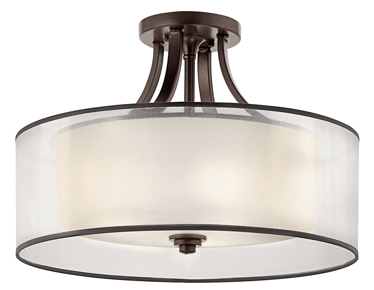 KICHLER 42387MIZ Lacey 20" 4 Light Semi Flush With Satin Etched Cased Opal Inner Diffusers And Light Umber Translucent Organza Outer Shade In Mission Bronze