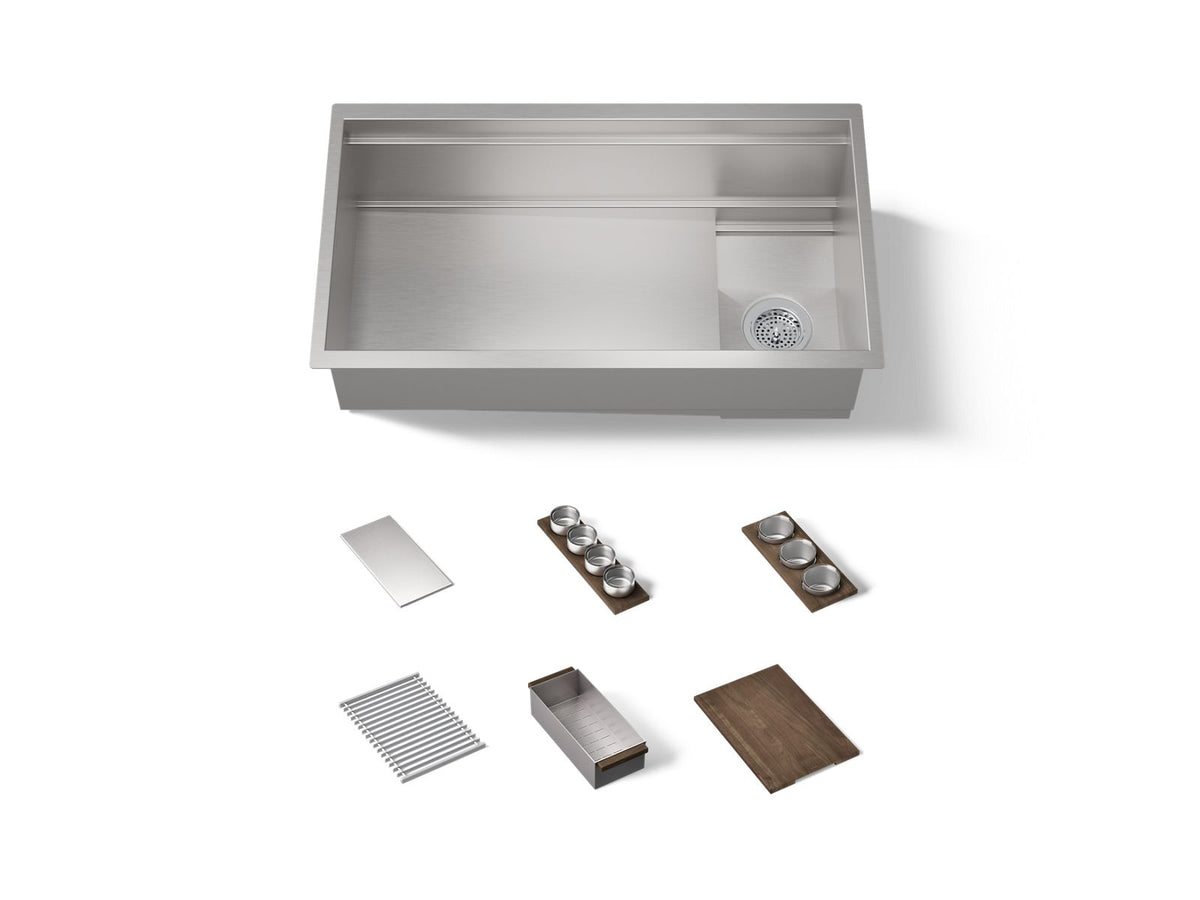 KOHLER K-37908-WAL-NA Synthos 33-3/4" Undermount Single-Bowl Workstation Kitchen Sink - Solid Wood Dark Walnut