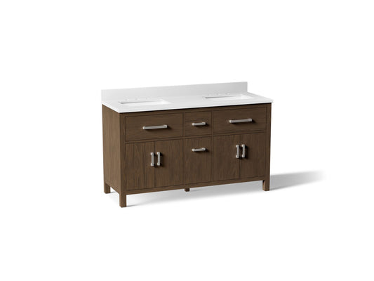 KOHLER Kresla 60" bathroom vanity cabinet with sinks and quartz top in Draper Oak - K-40641-BD1-DAK