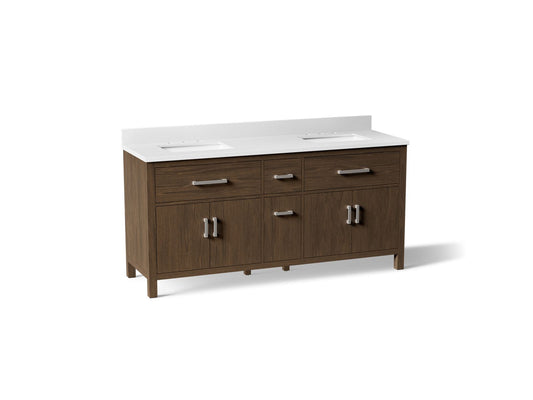 KOHLER Kresla 72" bathroom vanity cabinet with sinks and quartz top in Draper Oak - K-40642-BD1-DAK