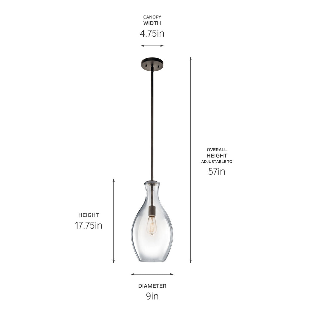 KICHLER 42047OZ Everly 17.75" 1 Light Hour Glass Pendant Clear Glass Olde Bronze
