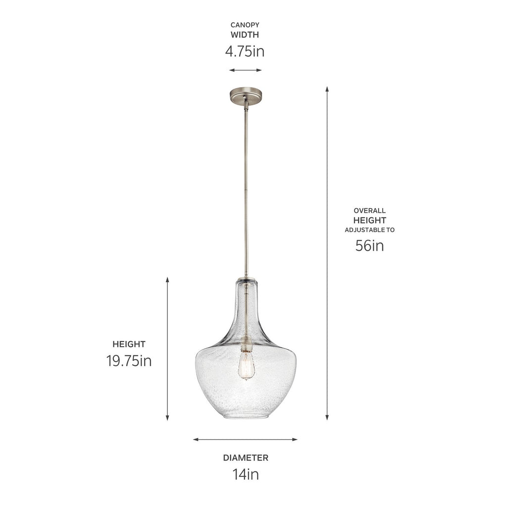KICHLER 42046NICS Everly 19.75" 1 Light Bell Pendant Clear Seeded Glass Brushed Nickel