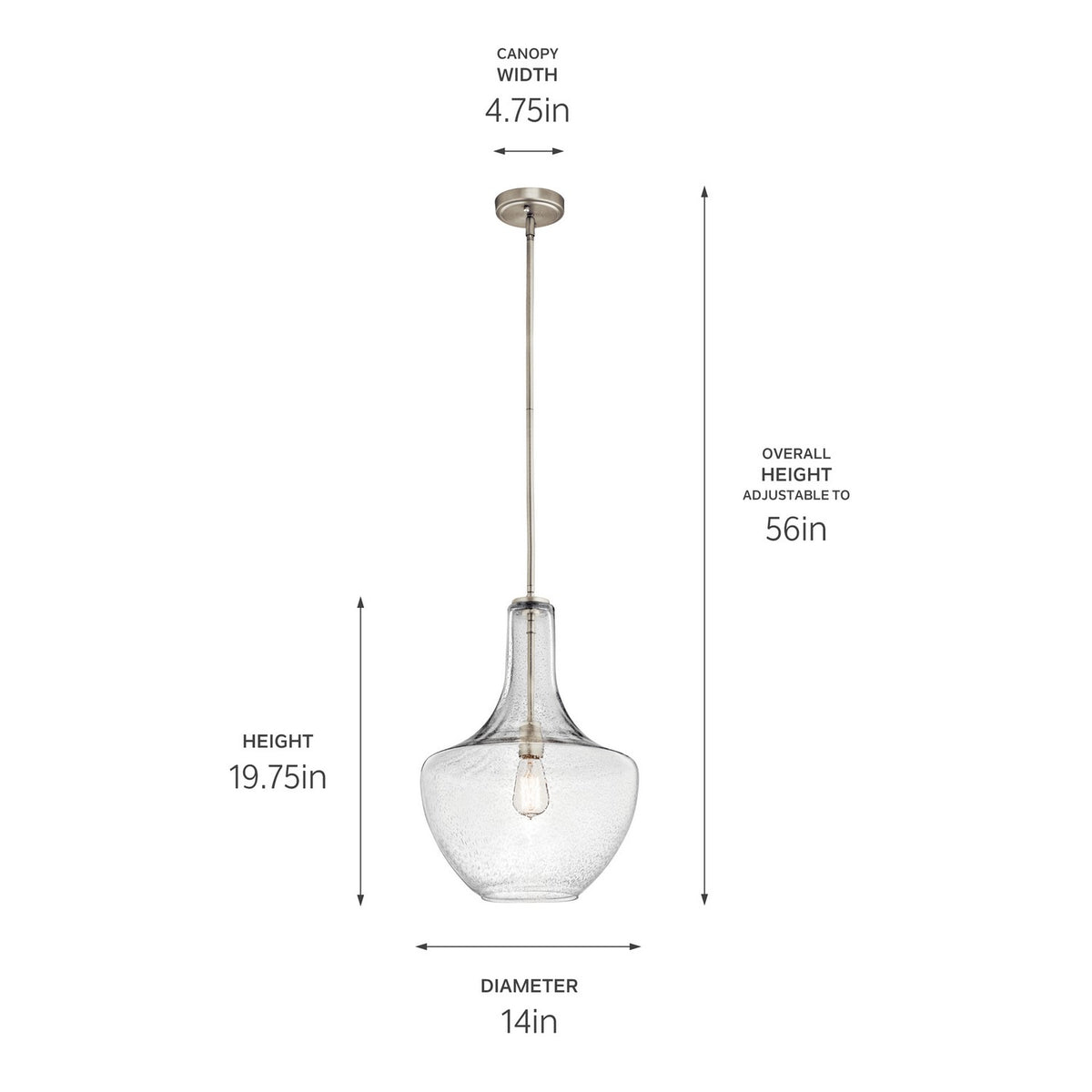 KICHLER 42046NICS Everly 19.75" 1 Light Bell Pendant Clear Seeded Glass Brushed Nickel