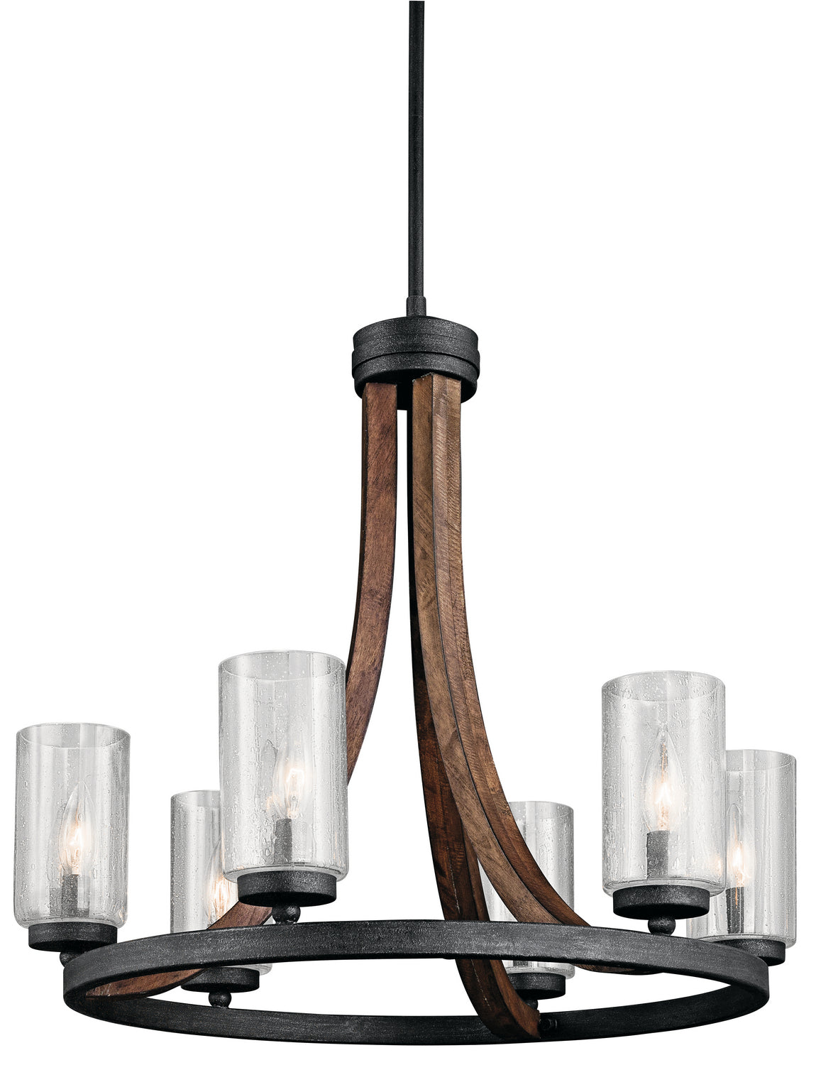KICHLER 43193AUB Grand Bank 22.5" 6 Light Chandelier With Clear Seeded Glass In Auburn Stained Wood And Distressed Black Metal
