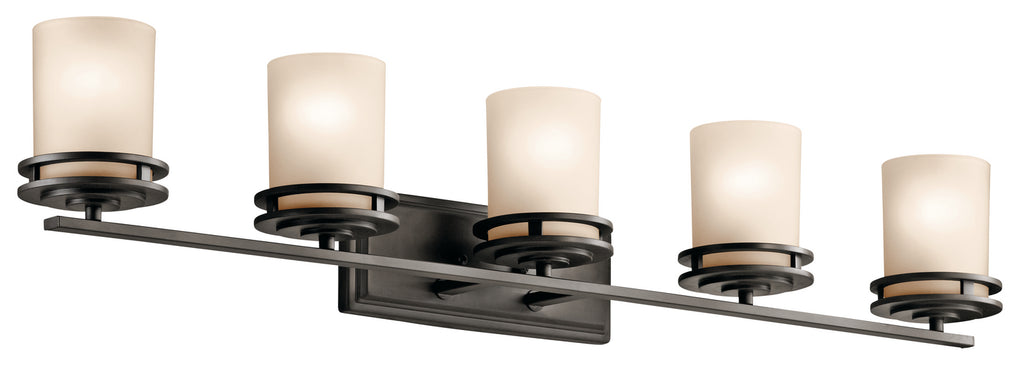 KICHLER 5085OZ Hendrik 43" 5 Light Vanity Light With Light Umber Etched Glass Olde Bronze