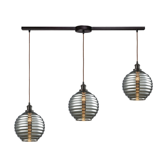 ELK SHOWROOM 56550/3L Ridley 3-Light Linear Pendant Fixture in Oil Rubbed Bronze with Smoke-plated Beehive Glass