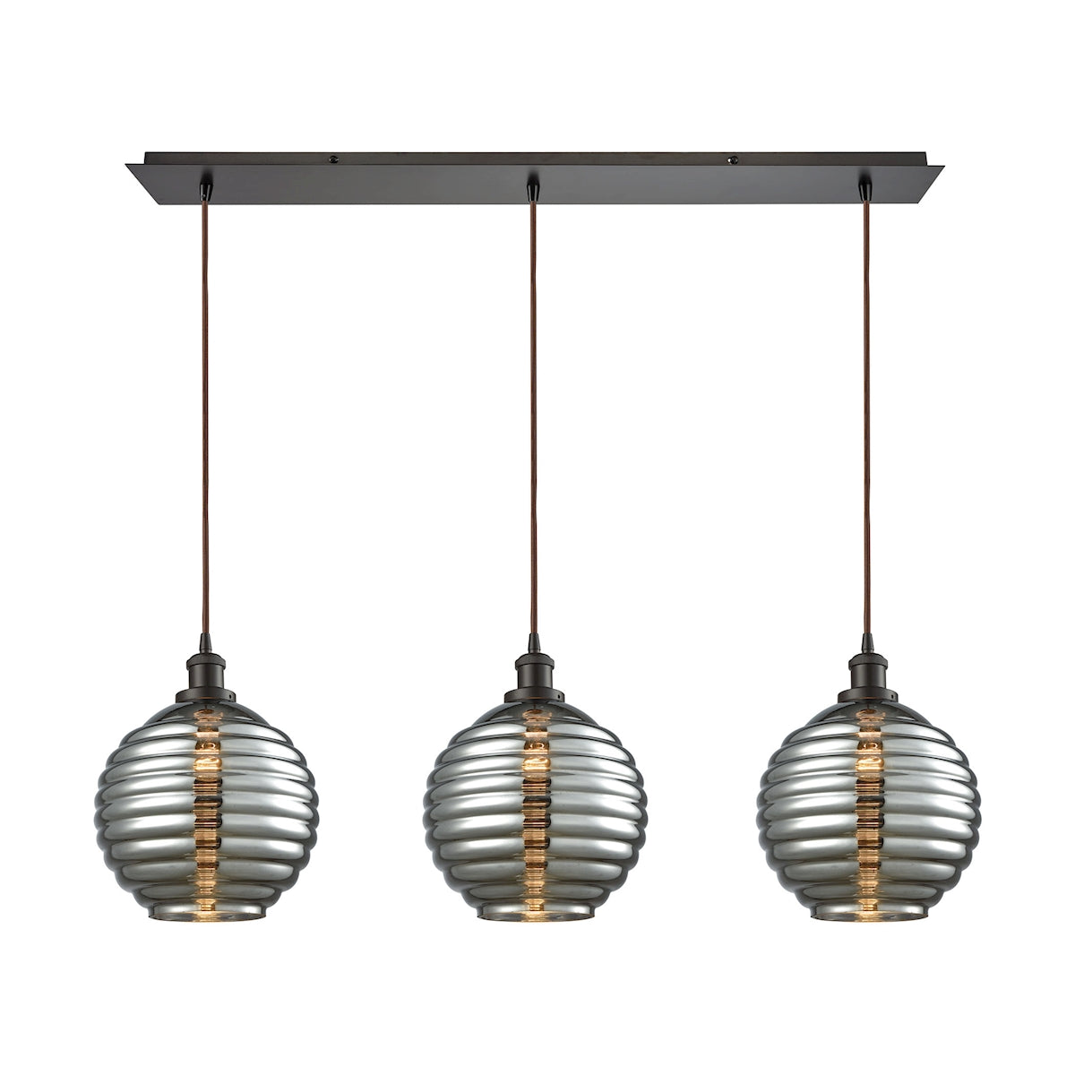 ELK SHOWROOM 56550/3LP Ridley 3-Light Linear Pendant Fixture in Oil Rubbed Bronze with Smoke-plated Beehive Glass