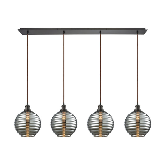 ELK SHOWROOM 56550/4LP Ridley 4-Light Linear Pendant Fixture in Oil Rubbed Bronze with Smoke-plated Beehive Glass