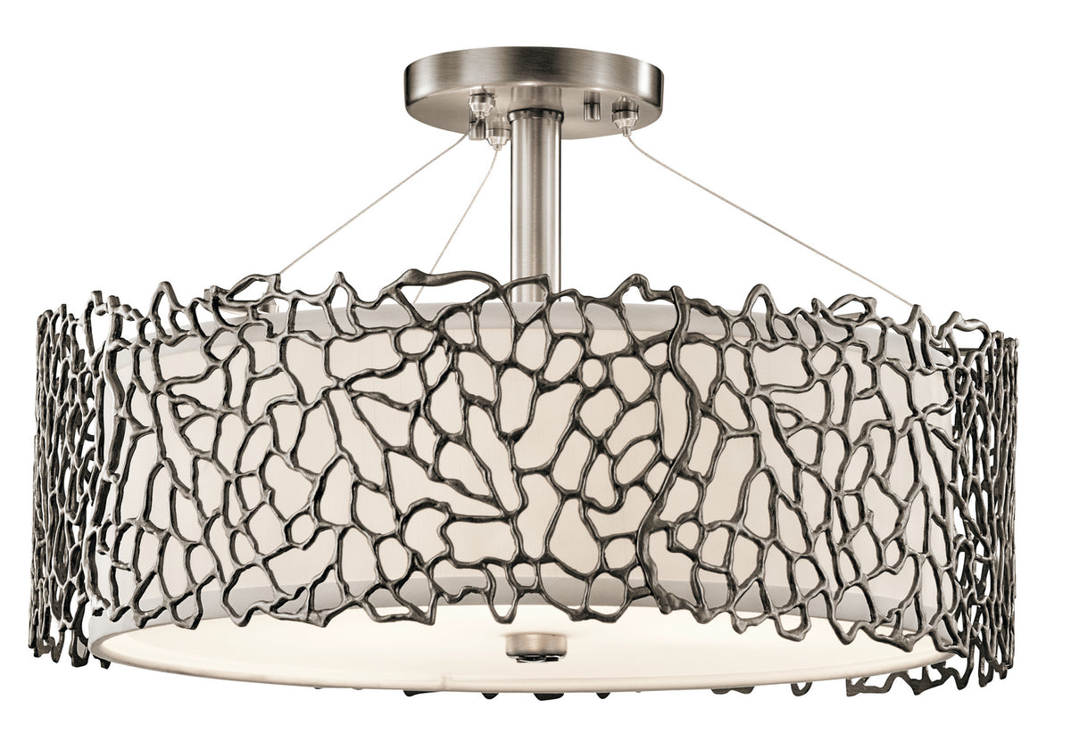 KICHLER 43346CLP Silver Coral 11" 3 Light Convertible Pendant With Etched Diffuser And White Fabric Shade In Classic Pewter
