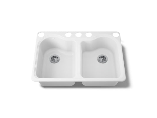 KOHLER K-5818-5U-0 Hartland 33" undermount double-bowl kitchen sink - White