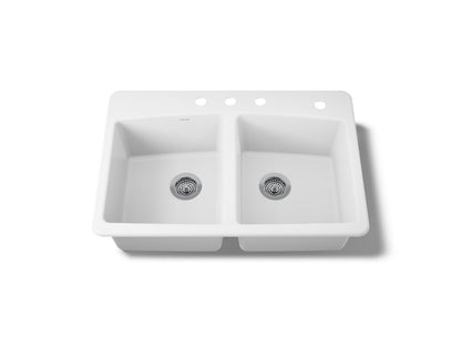 KOHLER K-5846-4-0 Brookfield 33" top-mount double-bowl kitchen sink - White