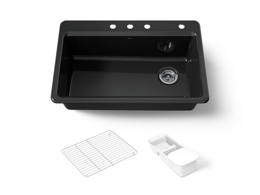 KOHLER K-5871-4A2-7 Riverby 33" top-mount single-bowl workstation kitchen sink - Black Black