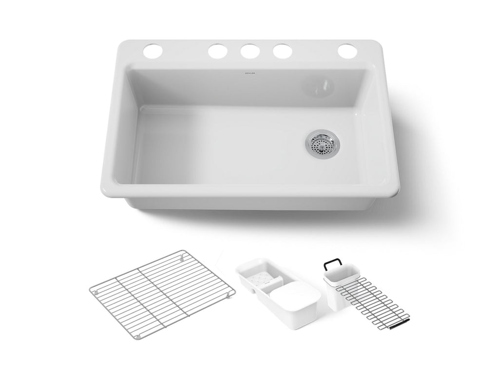 KOHLER K-5871-5UA3-0 Riverby 33" Undermount Single-Bowl Workstation Kitchen Sink - White