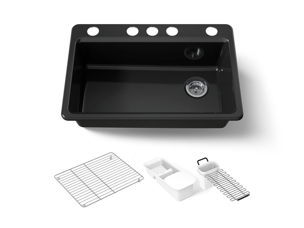 KOHLER K-5871-5UA3-7 Riverby 33" Undermount Single-Bowl Workstation Kitchen Sink - Black Black