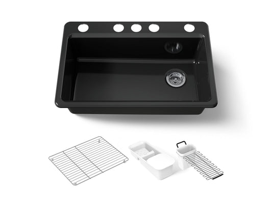 KOHLER K-5871-5UA3-7 Riverby 33" undermount single-bowl workstation kitchen sink - Black Black