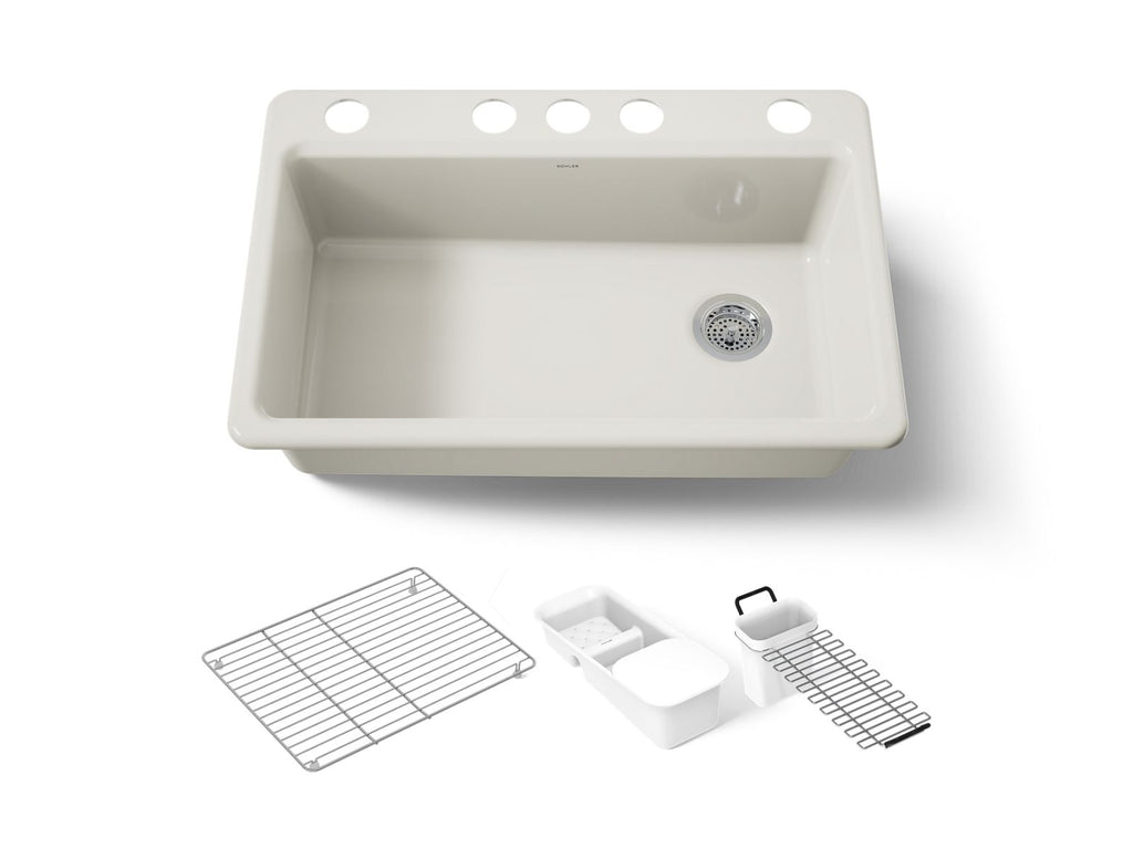 KOHLER K-5871-5UA3-96 Riverby 33" Undermount Single-Bowl Workstation Kitchen Sink - Biscuit