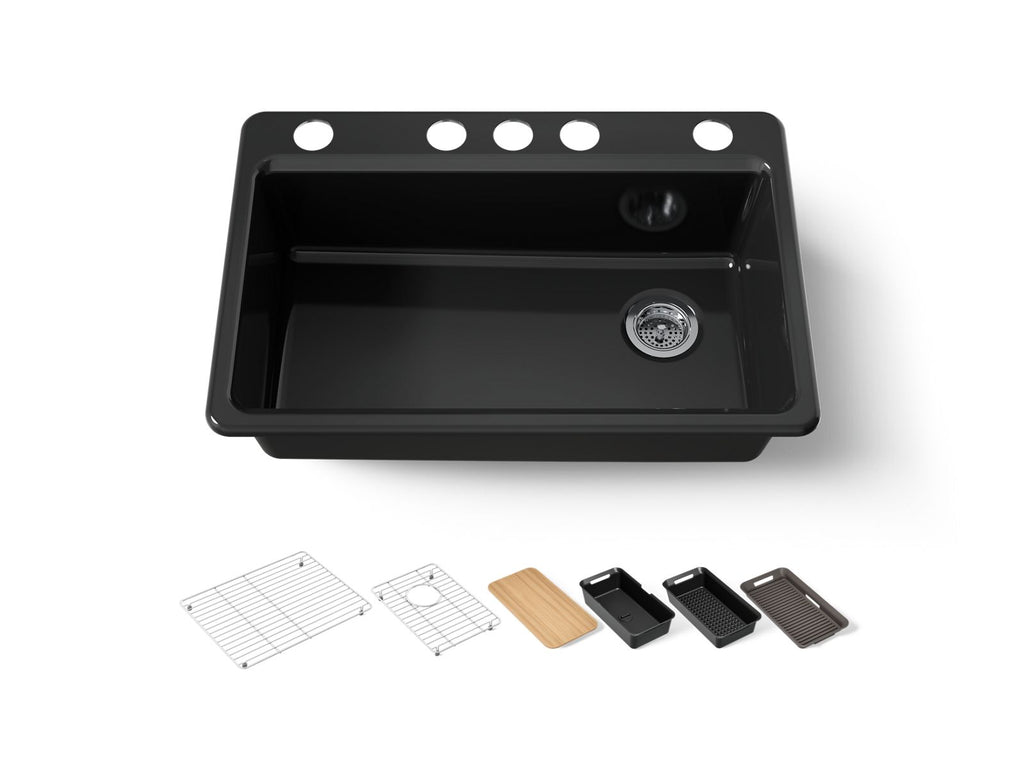 KOHLER K-5871-5UPC-7 Riverby 33" Undermount Single-Bowl Workstation Kitchen Sink - Black Black