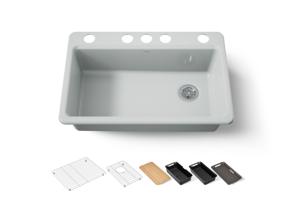KOHLER K-5871-5UPC-95 Riverby 33" Undermount Single-Bowl Workstation Kitchen Sink - Ice Grey