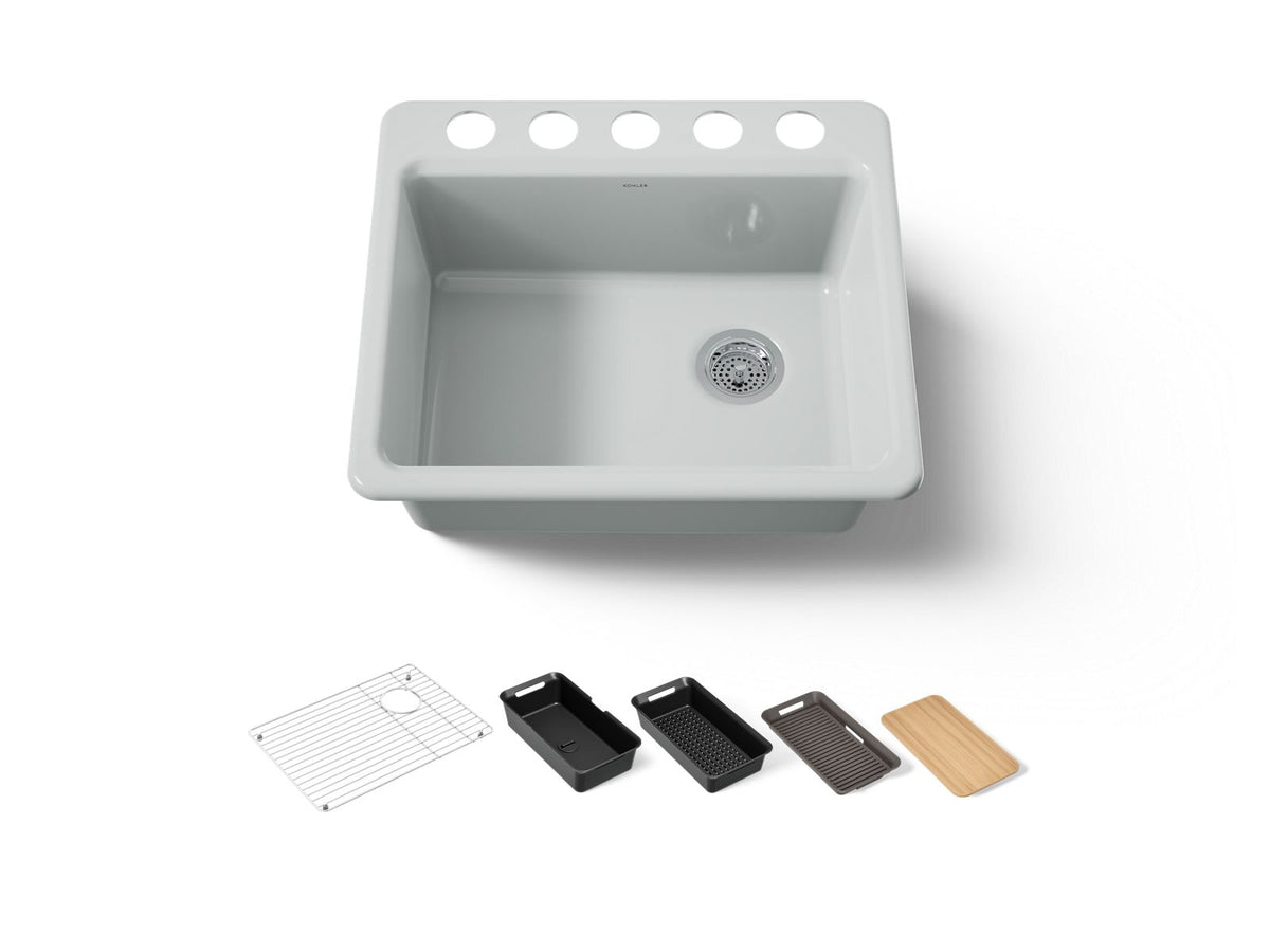 KOHLER K-5872-5UPC-95 Riverby 25" Undermount Single-Bowl Workstation Kitchen Sink - Ice Grey