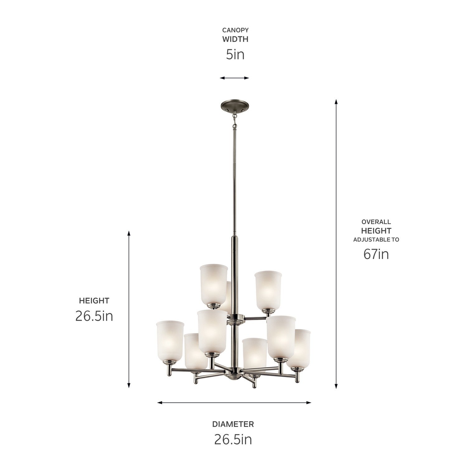 KICHLER 43672NI Shailene 26.5" 9 Light 2 Tier Chandelier With Satin Etched Glass In Brushed Nickel