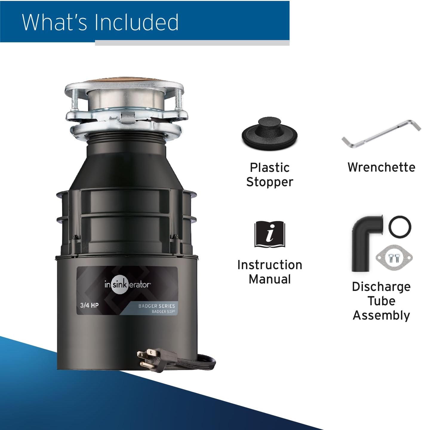 INSINKERATOR Badger 5XP Garbage Disposal with Power Cord, Standard Series 3/4 HP Continuous Feed Food Waste Disposer, Badger 5XP W/C  -  79326A-ISE