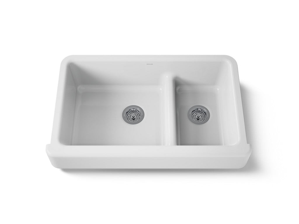 KOHLER K-6426-0 Whitehaven Smart Divide 35-1/2" Undermount Double-Bowl Farmhouse Kitchen Sink With Short Apron - White