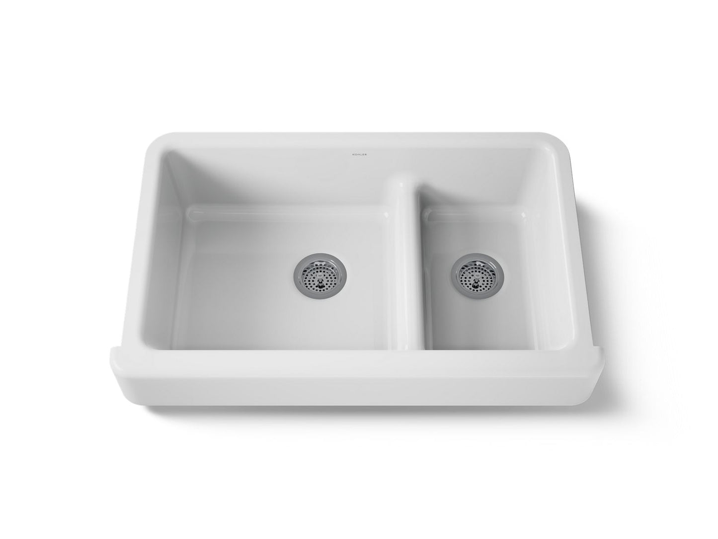 KOHLER K-6426-0 Whitehaven Smart Divide 35-1/2" undermount double-bowl farmhouse kitchen sink with short apron - White