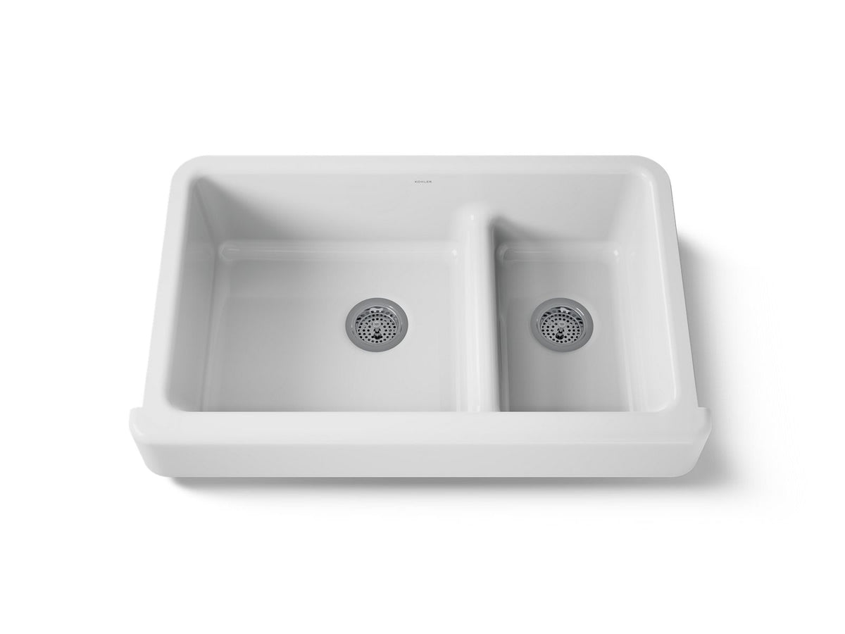 KOHLER K-6426-0 Whitehaven Smart Divide 35-1/2" Undermount Double-Bowl Farmhouse Kitchen Sink With Short Apron - White