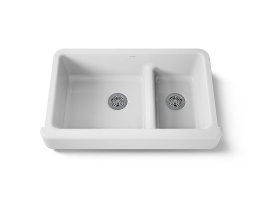 KOHLER K-6426-0 Whitehaven Smart Divide 35-1/2" undermount double-bowl farmhouse kitchen sink with short apron - White