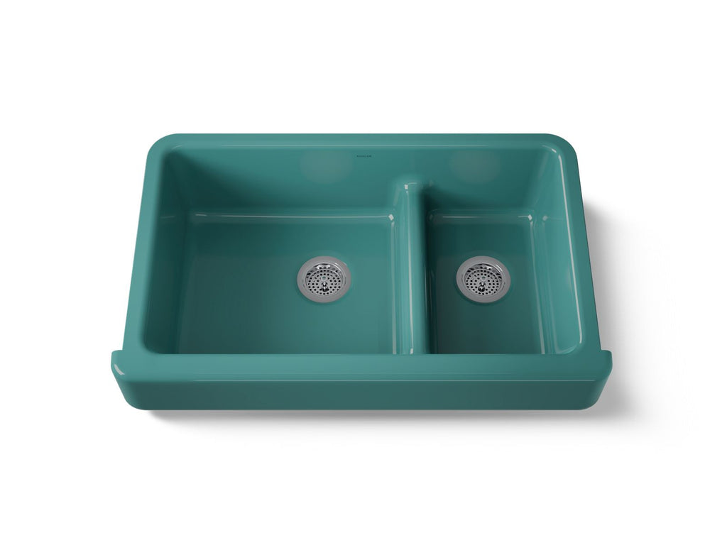 KOHLER K-6426-17 Whitehaven Smart Divide 35-1/2" Undermount Double-Bowl Farmhouse Kitchen Sink With Short Apron - Teal