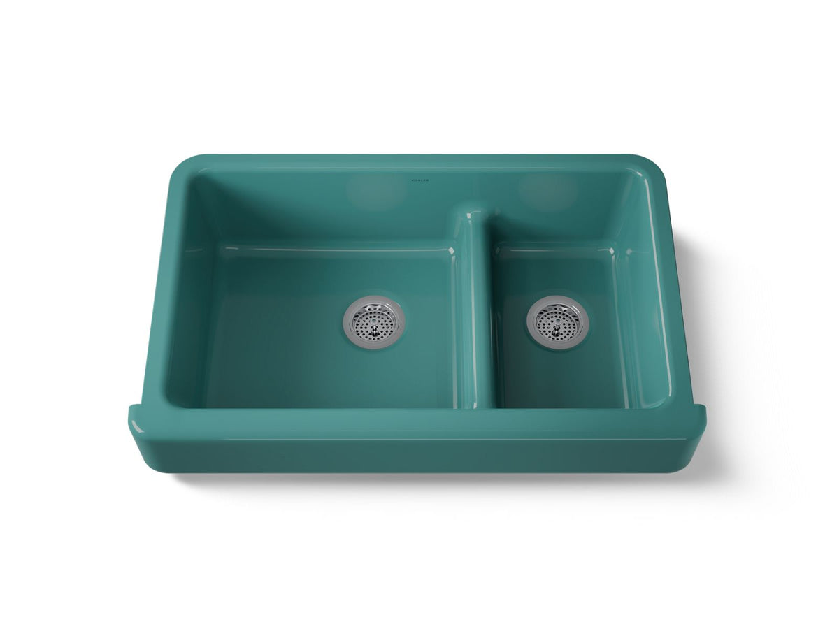 KOHLER K-6426-17 Whitehaven Smart Divide 35-1/2" Undermount Double-Bowl Farmhouse Kitchen Sink With Short Apron - Teal