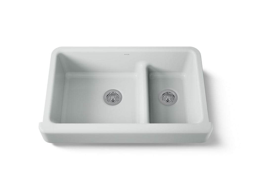 KOHLER K-6426-95 Whitehaven Smart Divide 35-1/2" Undermount Double-Bowl Farmhouse Kitchen Sink With Short Apron - Ice Grey