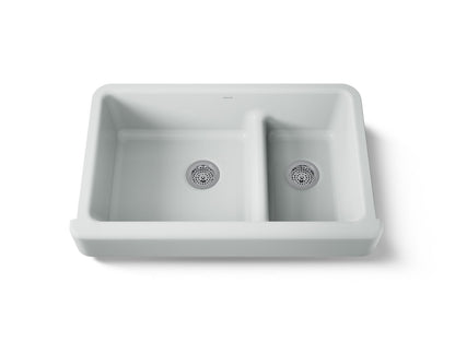 KOHLER K-6426-95 Whitehaven Smart Divide 35-1/2" undermount double-bowl farmhouse kitchen sink with short apron - Ice Grey