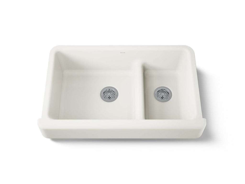 KOHLER K-6426-96 Whitehaven Smart Divide 35-1/2" Undermount Double-Bowl Farmhouse Kitchen Sink With Short Apron - Biscuit