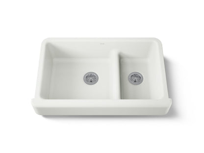 KOHLER K-6426-NY Whitehaven Smart Divide 35-1/2" undermount double-bowl farmhouse kitchen sink with short apron - Dune