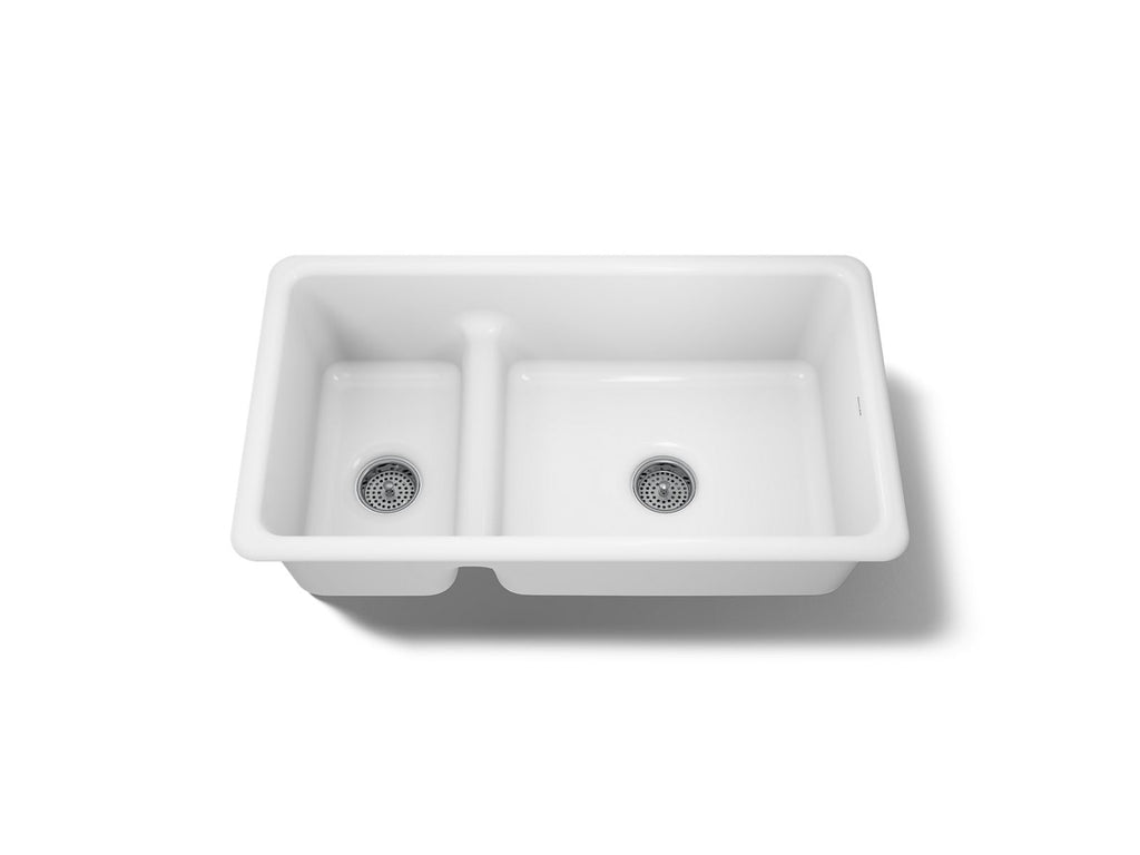 KOHLER K-6625-0 Iron/Tones Smart Divide 33" Top-/Undermount Double-Bowl Kitchen Sink - White