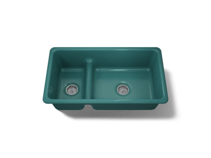 KOHLER K-6625-17 Iron/Tones Smart Divide 33" top-/undermount double-bowl kitchen sink - Teal