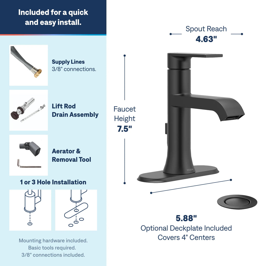 MOEN 6706BL Genta Lx One-Handle Bathroom Sink Faucet - Matte Black