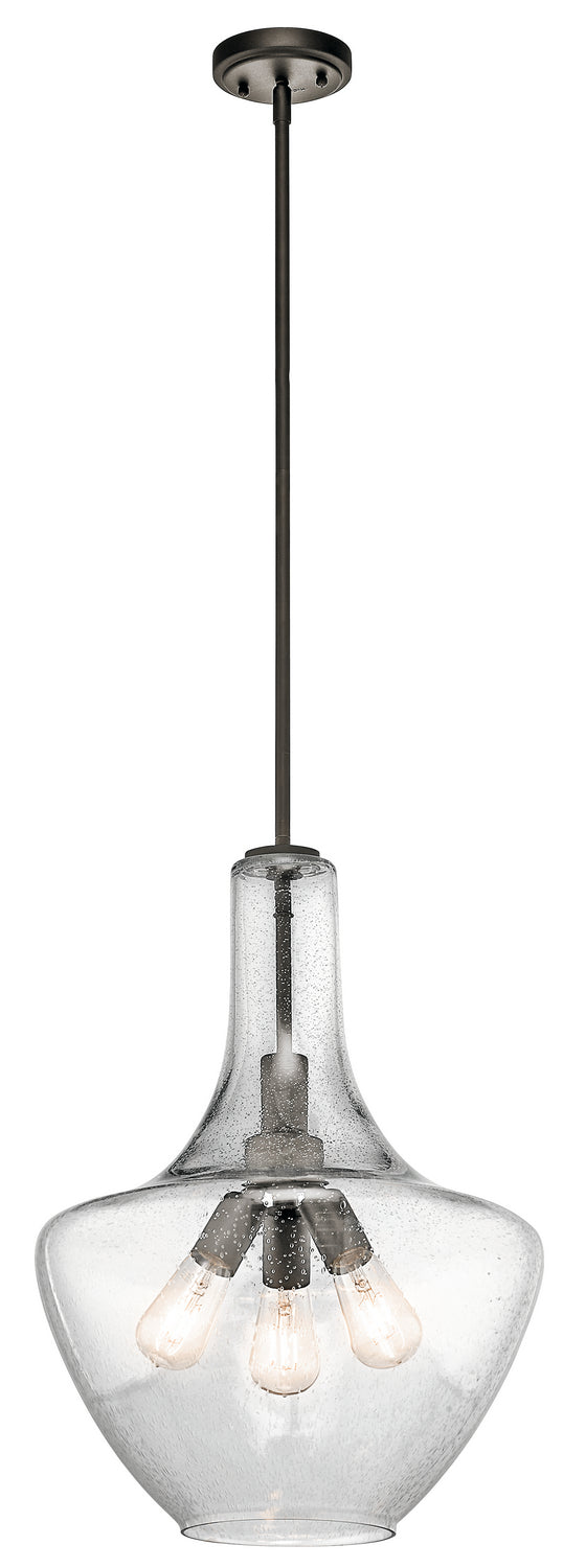 KICHLER 42190OZ Everly 22.75" 3 Light Bell Pendant Clear Seeded Glass Olde Bronze