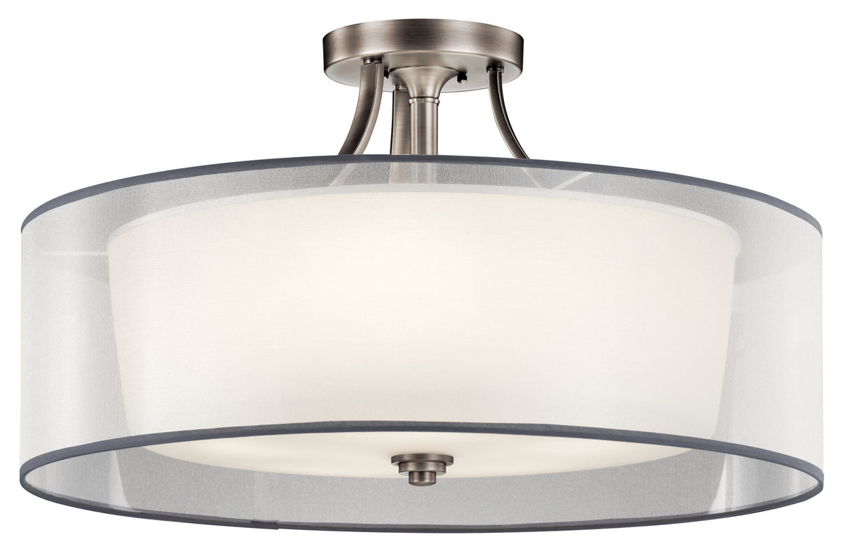 KICHLER 42399AP Lacey 28" 5 Light Semi Flush with Satin Etched Cased Opal Inner Diffusers and White Translucent Organza Outer Shade in Antique Pewter