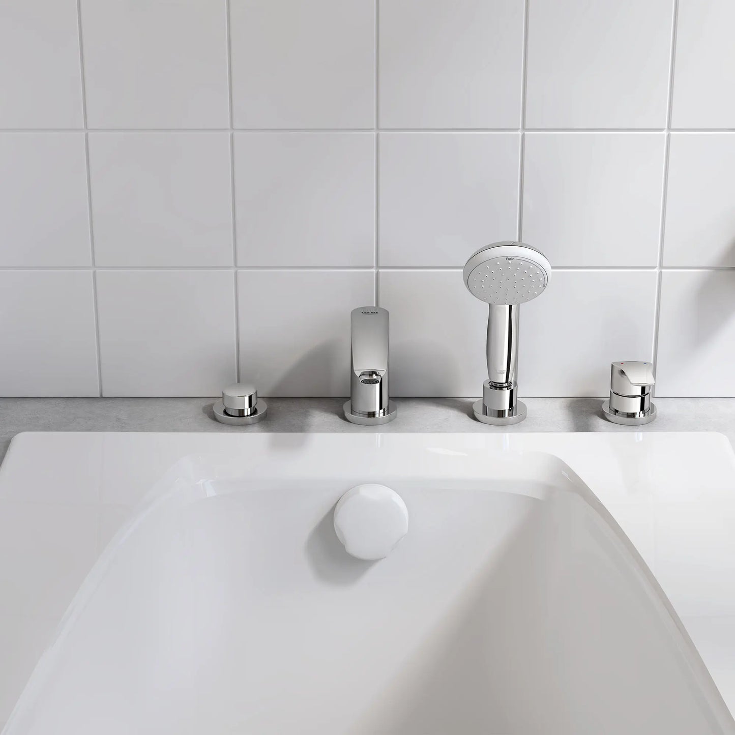GROHE 25245003 Eurosmart 4-Hole Single Handle Deck Mount Roman Tub Faucet with 1.75 GPM Hand Shower - Chrome