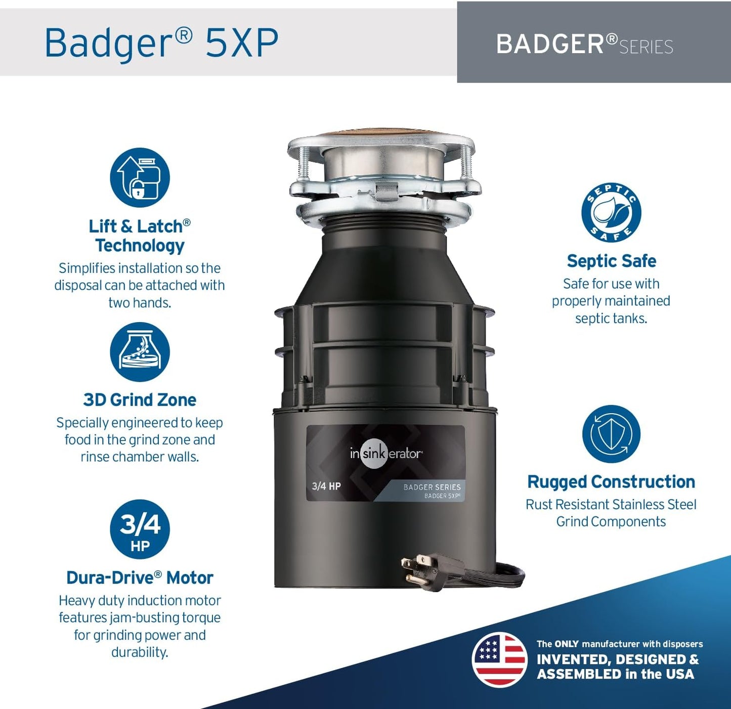 INSINKERATOR Badger 5XP Garbage Disposal with Power Cord, Standard Series 3/4 HP Continuous Feed Food Waste Disposer, Badger 5XP W/C  -  79326A-ISE