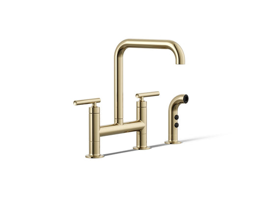 KOHLER K-7548-4-AF Purist Two-hole bridge kitchen sink faucet with side sprayer - Vibrant French Gold