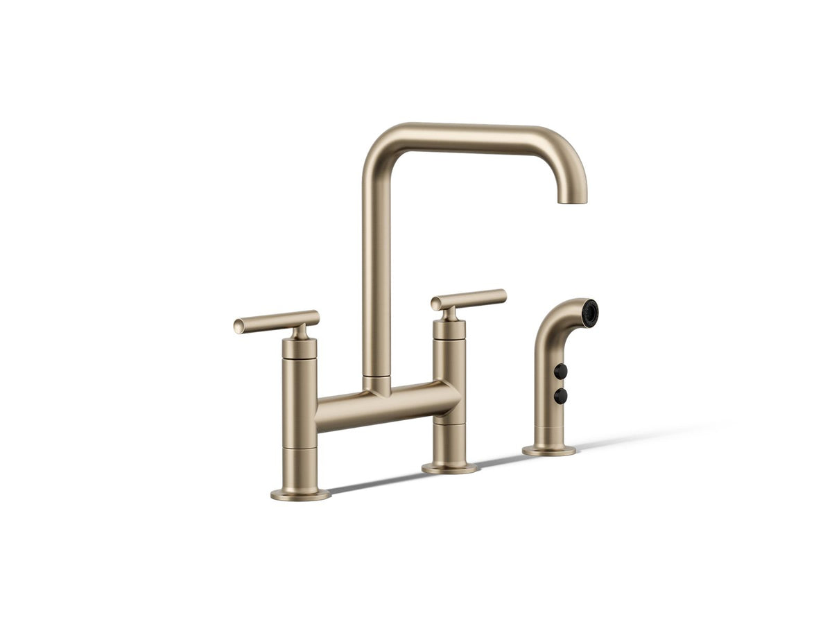 KOHLER K-7548-4-BV Purist Two-Hole Bridge Kitchen Sink Faucet With Side Sprayer - Vibrant Brushed Bronze
