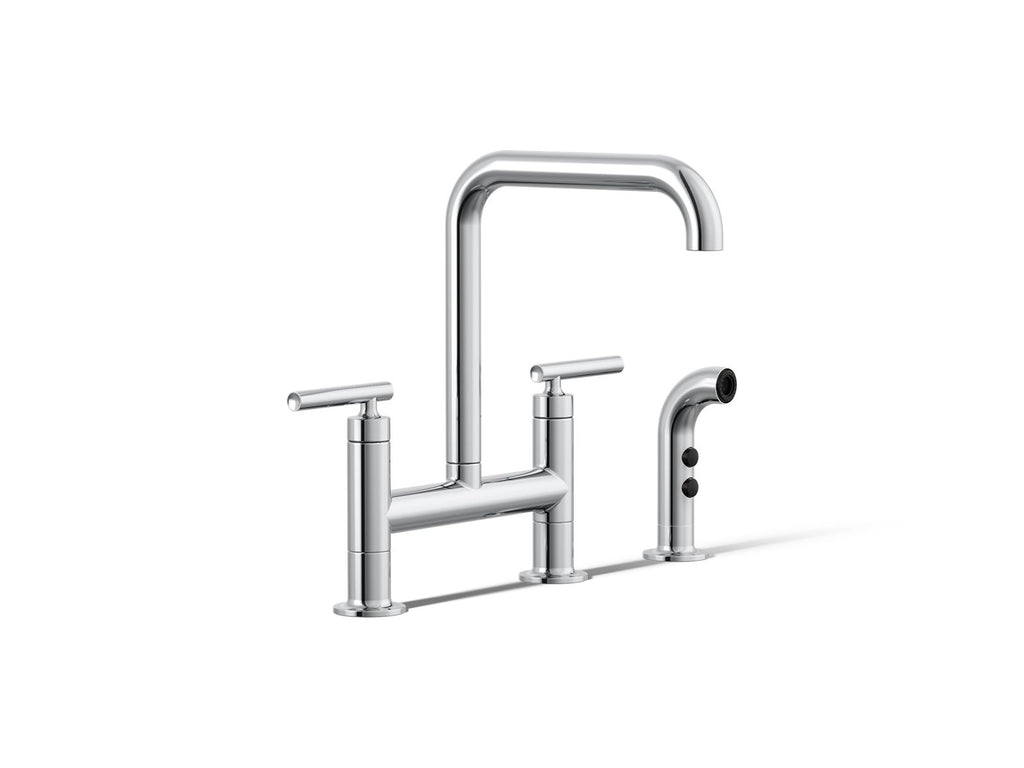 KOHLER K-7548-4-CP Purist Two-Hole Bridge Kitchen Sink Faucet With Side Sprayer - Polished Chrome