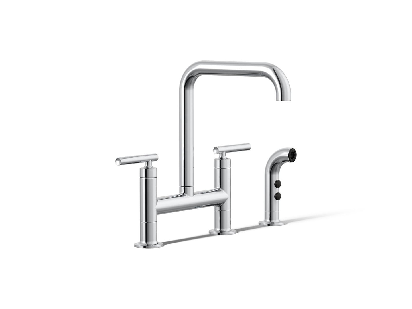 KOHLER K-7548-4-CP Purist Two-hole bridge kitchen sink faucet with side sprayer - Polished Chrome